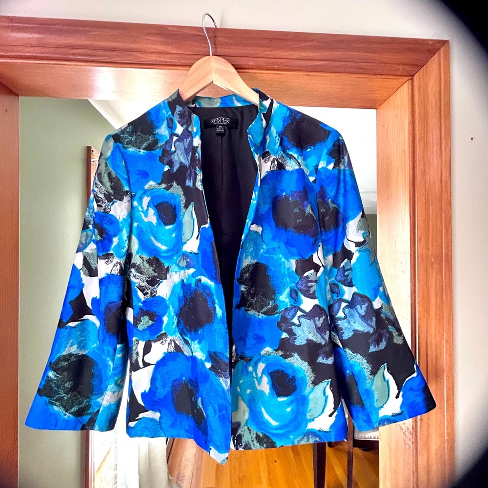 Kasper Blue Black Floral Open Blazer Jacket